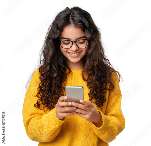 a realistic photograph of a happy latin american teenage girl with long, curly hair, wearing glasses and a yellow sweater, using her phone against isolated on a transparent background.