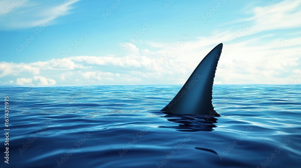 Fototapeta premium Three-Dimensional Shark Fin Breaking the Surface of Blue Waters on a Clear Day