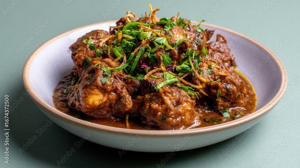Fototapeta premium Spicy Chicken Curry Served in a Bowl With Fresh Herbs and Garnish