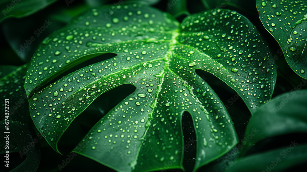 Obraz premium A vibrant green tropical plant leaf is beautifully covered with fresh water drops, glistening brightly in its natural environment.