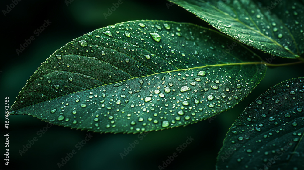Obraz premium Fresh green plant leaves are fully covered with clear water drops, reflecting light and showing the vibrant beauty of nature's purity.