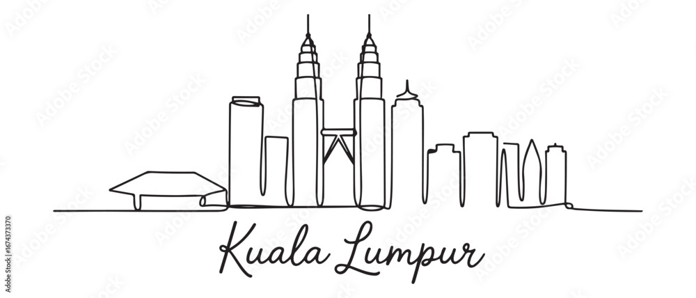 Fototapeta premium Single continuous line drawing of Kuala Lumpur city skyline, Malaysia. Famous city landscape. World travel concept home wall decor art poster print. Vector black silhouette. with white background