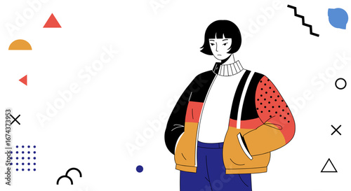 Female character wearing colorful jacket with geometric background  