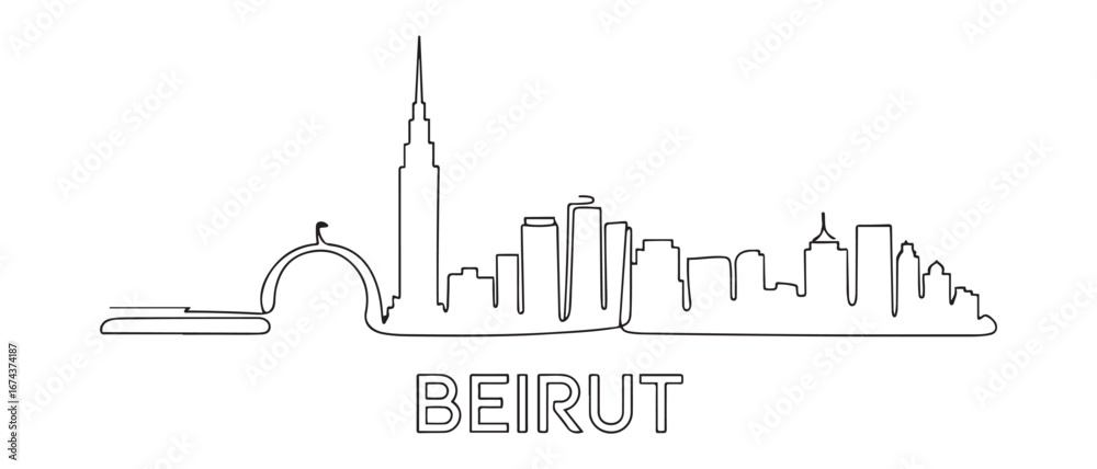 Obraz premium One continuous line drawing of Beirut city skyline, Lebanon. Beautiful city landmark. World landscape tourism and travel vacation. Vector black silhouette. with white background