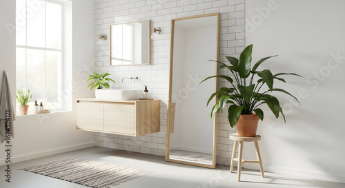Bright bathroom rendering showcasing a modern vanity unit, elegant mirror, verdant houseplants, and subtle textures, creating a serene and inviting atmosphere with a touch of organic elegance