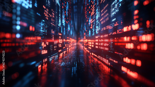 Glowing digital data flows along a futuristic abstract path creating a vibrant cyberspace network background for technology concepts.