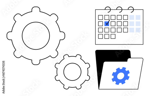 Large and small gear, calendar with task marked, folder with gear icon suggesting scheduling, planning, task prioritization, productivity. Ideal for workflow, automation, scheduling organization