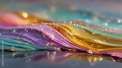 Abstract macro photo of soap film reflecting rainbow spectrum in flowing motion capturing scientific visual art colorful reflection and light refraction in liquid layer