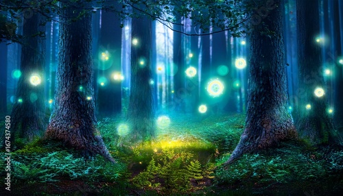 enchanted forest with bioluminescent trees and glowing digital fireflies