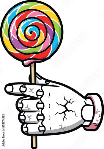 Robotic hand holding a colorful lollipop with a swirl design on a white background