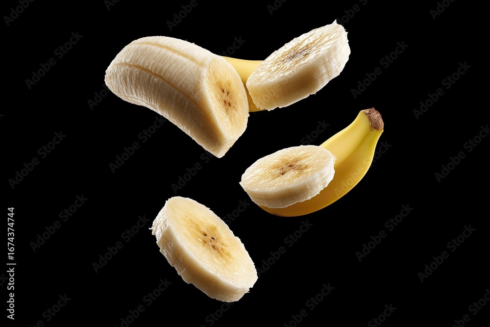 Fototapeta premium Sliced bananas in mid-air against black
