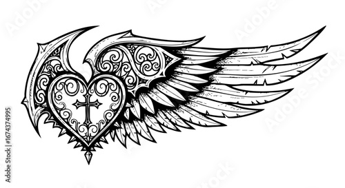 Heart and wing design with ornate details evokes remembrance. Winged heart, cross, and swirling elements create a symbolic motif. Use heart and wing design for memorial designs, remembrance tattoos,