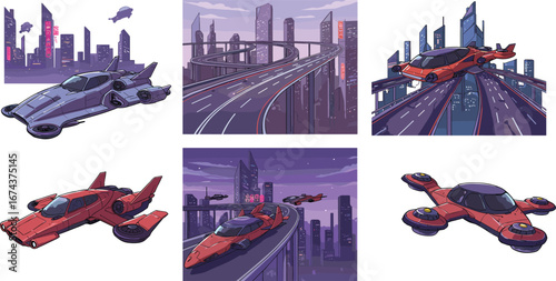 Futuristic Flying Car Vector Set with Sci-Fi Cityscapes, Elevated Highways, Pixel Art Style, Hover Vehicles, and Urban Night Scenes