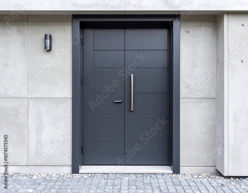 Modern gray entry door on a light gray concrete wall