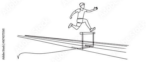 Single continuous line drawing of young happy health runner man jump running through hurdle barrier at run track. Run sport healthy lifestyle concept. Vector black silhouette. with white background
