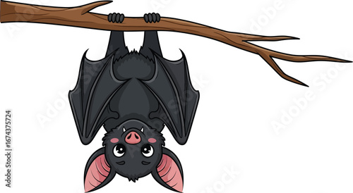 Cute cartoon bat hangs upside down from a brown branch on a white background.
