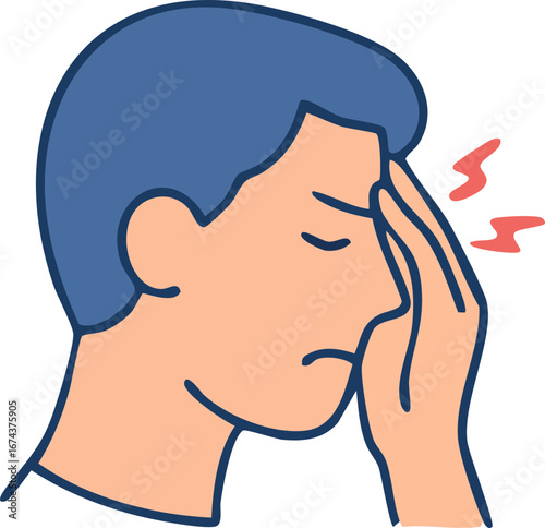 This is a flat vector illustration of a person holding their head with a pained expression, symbolizing a headache or migraine, with red lines indicating pain.