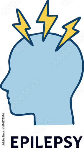 This is a flat vector illustration of a human head silhouette with yellow lightning bolts striking the brain area, symbolizing epilepsy and seizures.