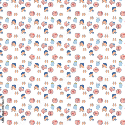 This image is a seamless medical pattern featuring illustrated icons of brains, people with headaches, depression symbols, shaking hands for Parkinson’s, and lightning bolts for epilepsy, all represen