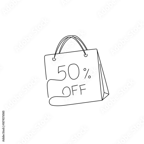 Outline of the profile of a bag with "50% off" sign in one line