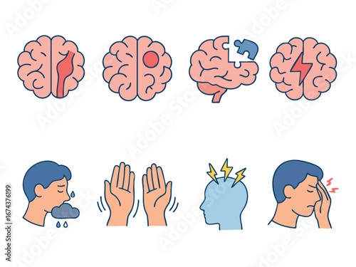 This image is a set of medical illustrations representing neurological and mental health conditions including aneurysm, brain tumor, Alzheimer’s, stroke, depression, Parkinson’s, epilepsy, and migrain