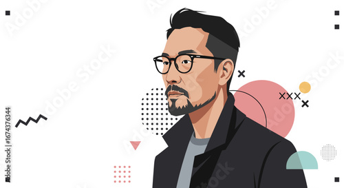 A middle-aged Asian man wearing glasses in a modern design style