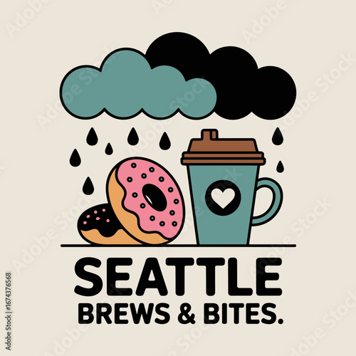 Seattle Coffee and Donuts Illustration with Rain Theme