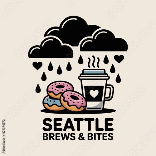 Seattle Coffee and Donuts Illustration with Rain Theme