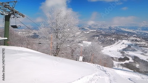 Panoramic view from a steep slope near summit covered in fresh snow (Madarao, Nagano, Japan)