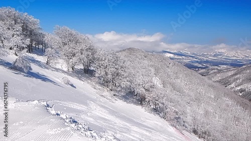 A Panoramic view from the summit of Mount Madarao with powder snow slope (Nasarao, Nagano, Japan)