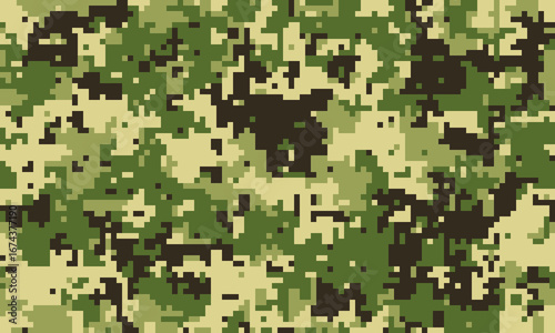 Abstract digital camouflage pattern.  Versatile pixelated texture in earthy greens, browns, and beige.