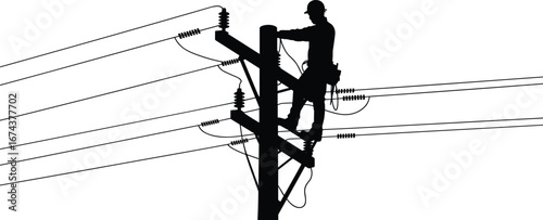 Silhouette of electrical lineman working on power pole, safety gear, high voltage, utility maintenance, power line repair, electrician job