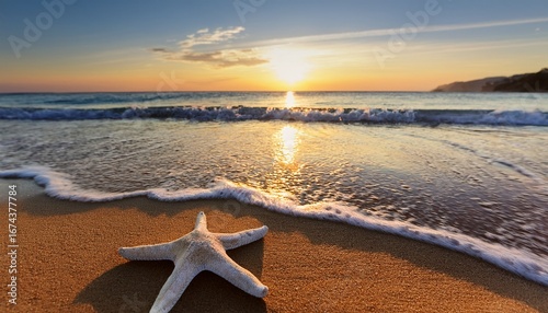 behold a breathtaking tableau of a serene beach at break of dawn where a celestial starfish and a seashell repose upon gilded grains of sand while undulating waves tenderly caress shore heralding