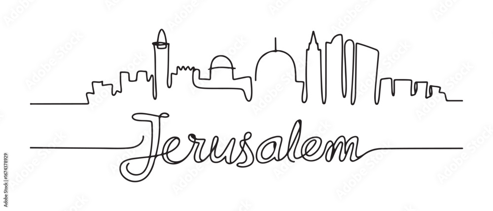 Fototapeta premium Single continuous line drawing of Jerusalem skyline, Palestine. Famous city scraper landscape. World travel concept home decor wall art poster print. Vector black silhouette. with white background
