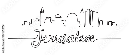 Single continuous line drawing of Jerusalem skyline, Palestine. Famous city scraper landscape. World travel concept home decor wall art poster print. Vector black silhouette. with white background