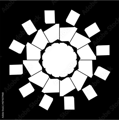 A striking black-and-white spiral of abstract gears forms a hypnotic wheel, symbolizing cycles, machinery, strength, unity, and perpetual transformation.