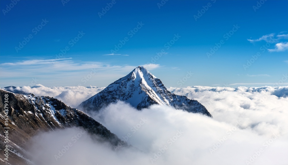 Obraz premium scenic mountain peak rising above a sea of fluffy clouds under a bright blue sky