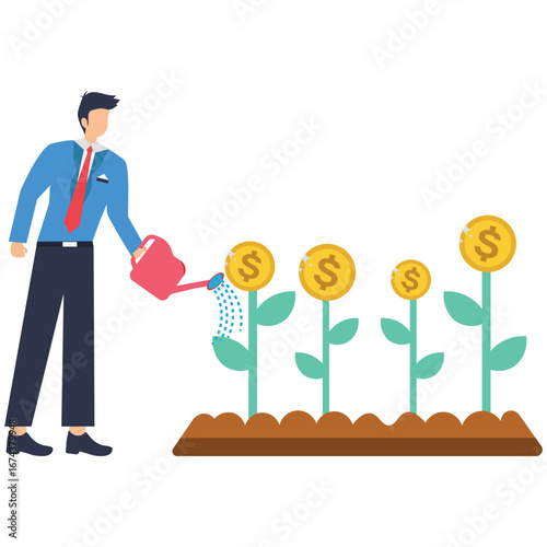Flat illustration of plant man holding watering can growing coins investments nurturing savings and wealth potential stock illustration