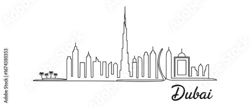 One single line drawing of Dubai city skyline, United Arab Emirates. Historical landscape postcard art. Best holiday destination. Vector black silhouette. with white background