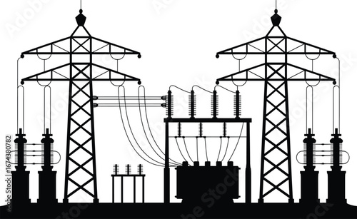 Silhouette of electrical power transmission towers, industrial energy infrastructure, high voltage power lines, electric substation, energy distribution network, electrical engineering