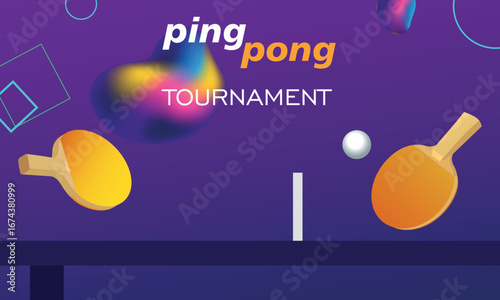 Ping pong tournament poster, table tennis championship banner design, flat illustration of racket, table, abstract background. Team sport, sport game, training, racket sport training, activity