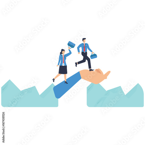 Giant hand help business people crossing the problem gap stock illustration