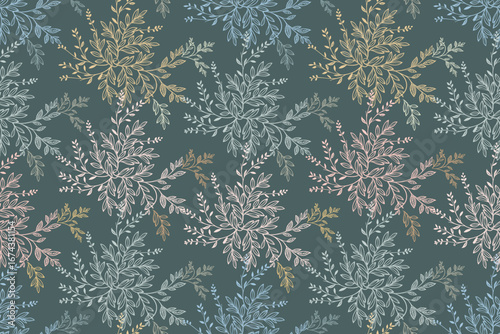 Floral seamless pattern with leaves. Pastel multi-color on dark gray background vector floral pattern.