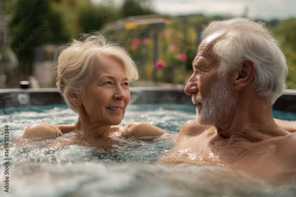 Fototapeta premium Senior couple smiling and enjoying relaxation in an outdoor hot tub, symbolizing love, companionship, leisure, wellness, vacation lifestyle, and spa advertising for travel and resort projects