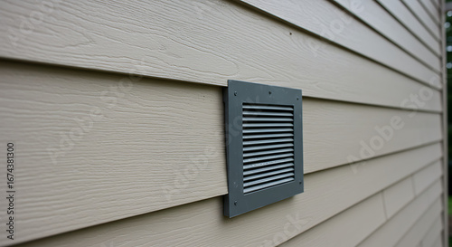 Exterior wall vent with louvers, part of a home's HVAC system, mounted on light tan vinyl siding on a sunny day
