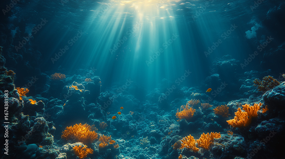 Naklejka premium Bright sun rays pierce the clear blue ocean, illuminating a vivid coral reef with colorful orange marine plants and small fish swimming.