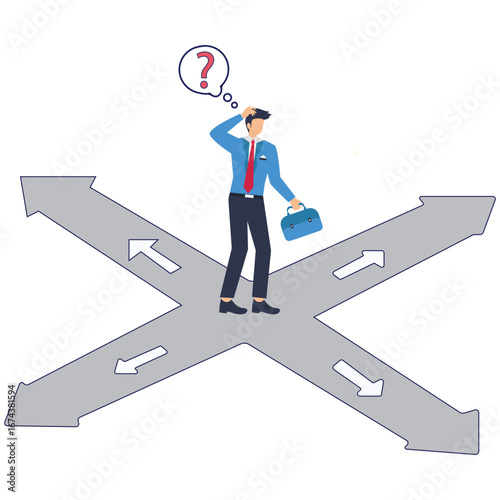 Confused businessman standing at the crossroads in uncertainty stock illustration