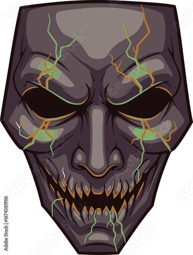 Illustration of a menacing mask with glowing cracks and sharp teeth design.