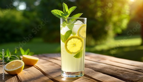 refreshing lemonade with mint garnish served in a tall glass on a wooden table perfect for hot summer days and enjoying outdoors