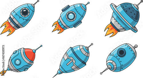 Vector illustration of futuristic cartoon rockets, flying spaceships, and spacecraft for space exploration, astronomy, galaxy, cosmic travel, and science design.